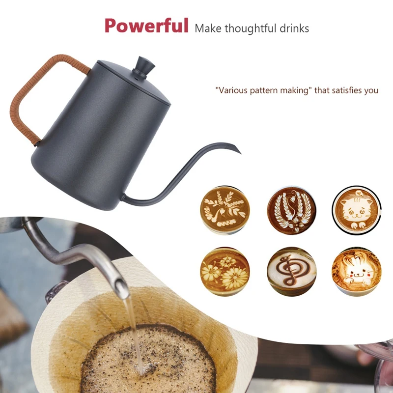 

304 Stainless Steel Hand Punch Pot Coffee Pots With Lid Drip Gooseneck Spout Long Mouth Coffee Kettle Teapot Household 600ml