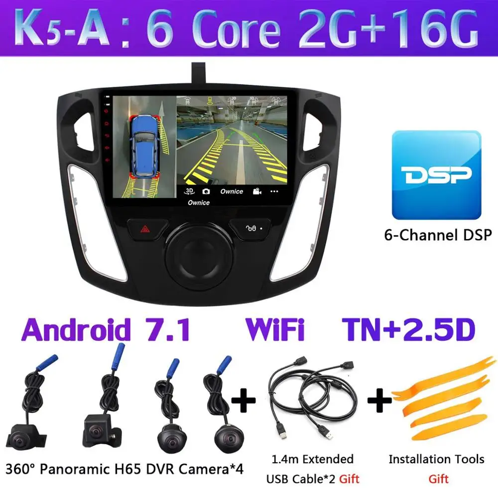 360 ° панорамная камера 4G SIM Android 9,0 4+ 64G gps навигация Радио CarPlay DSP Автомобильный мультимедийный видео плеер для Ford Focus 3 Mk3 - Цвет: K5-A