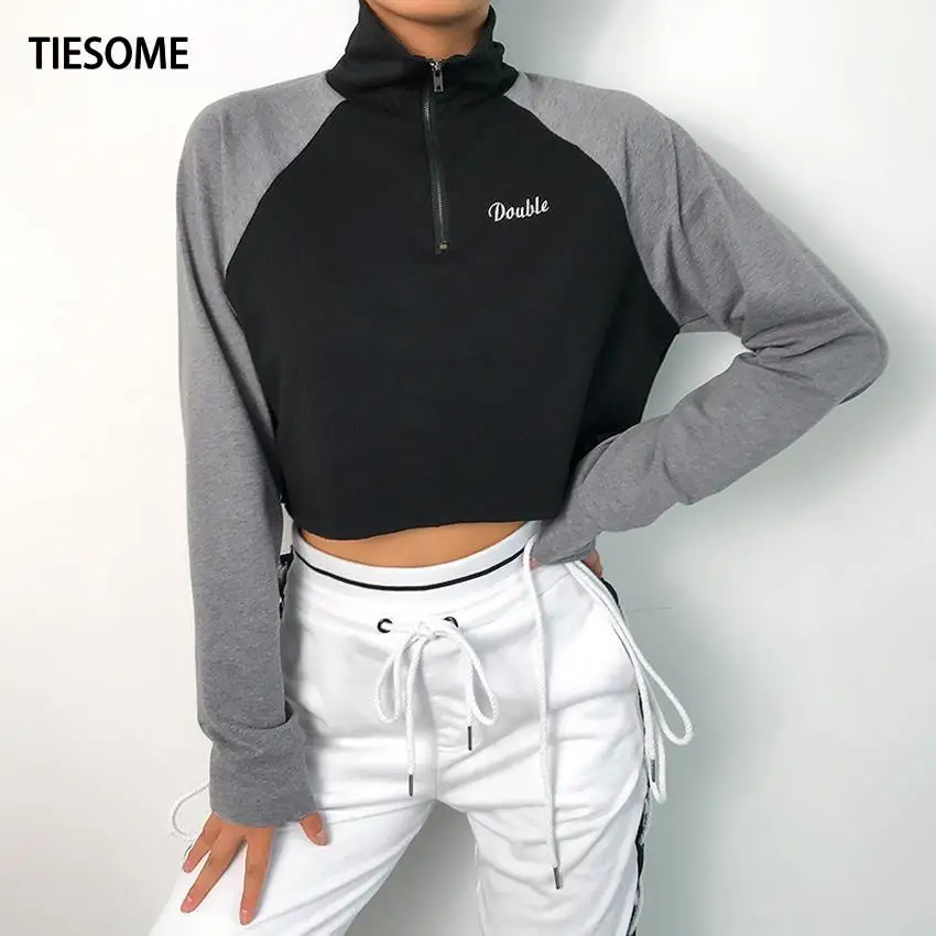 

TIESOME Letter Embroidery Women T-shirt Raglan Sleeve Patchwork Tops Zipper Hip Hop T Shirt Long Sleeve Tops Tee Women Short Top