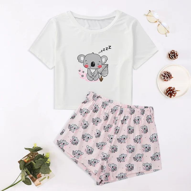 

Women's Sleepwear Cute Cartoon Print Short Set Pajamas for Women Pajama Set Sweet Short Sleeve T Shirts Shorts Summer Pijama