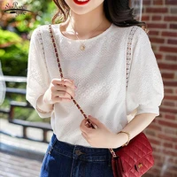 summer new 2021 korean fashion womens lantern sleeve loose shirts embroidery cotton lace o neck casual blouses plus size 13440