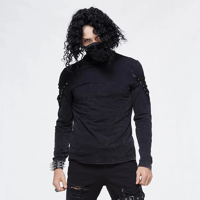 Devil Fashion Steampunk High Collar Black Top with Rope Gothic Mens Shirts Long Sleeve Casual