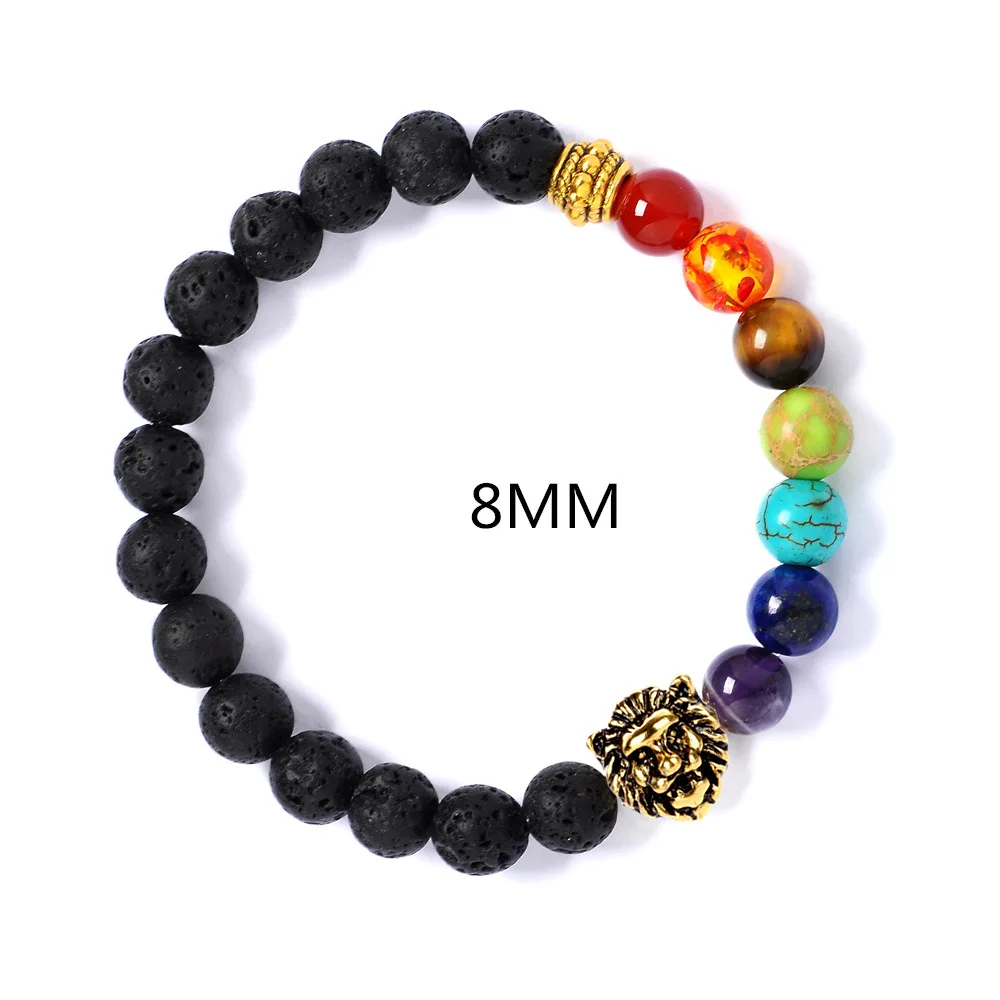 

Hot Sale 8MM Volcanic Lava Bracelets Buddha Head Lion Head Yoga Energy Bracelet Tigereye Seven Chakra Bracelet for Woman Gift