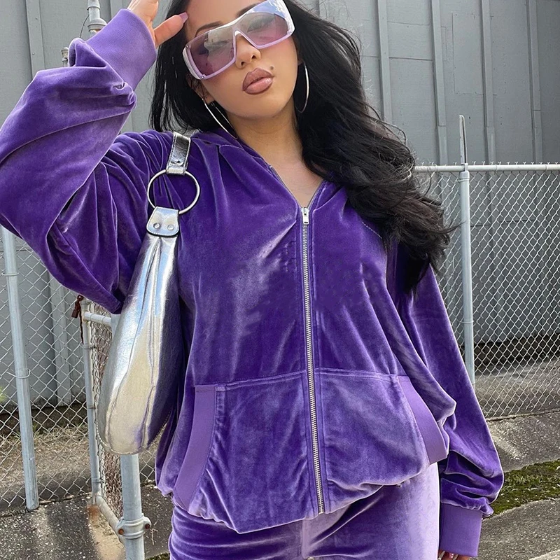 

IAMSURE Loose Velvet Pants Set Women Casual Streetwear Autumn Winter 2 Pirces Sets Zipper Fly Hooded Coat High Waisted Pants 90S