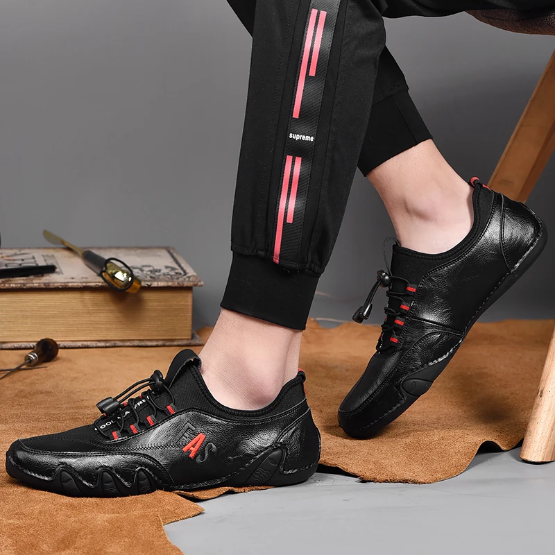 Мужские повседневные туфли черные удобные уличные на шнуровке большой размер 46