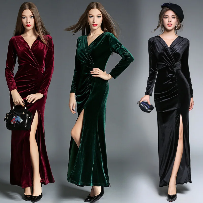 Autumn Winter Elegant Wine Red Velvet Pleated Slit Long Sleeves Dresses Gown Floor to Length Black Clothes For Women