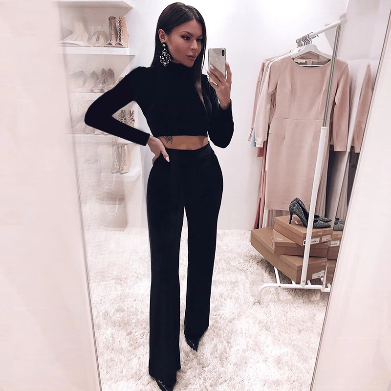 WannaThis Бархатный комплект из 2 предметов розовый короткий топ с длинными рукавами расклешенные брюки Осенняя женская уличная повседневная одежда спортивный костюм с воротником «хомут»