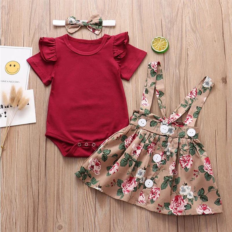 

2020Summer Newest Baby Girl Clothes Infant Kids Set Romper+Suspender Skirt+Headband 3Pcs Child Outfits Toddler Clothing Suit