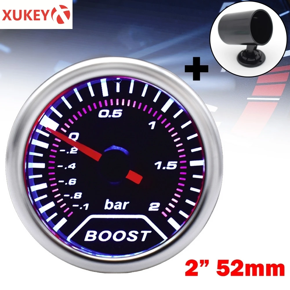

52mm 2" Universal Turbo Boost Gauge LED -1~2Bar Red Needle Pointer Display 12V Free Single Gauge Pod Mount Holder Racing Car