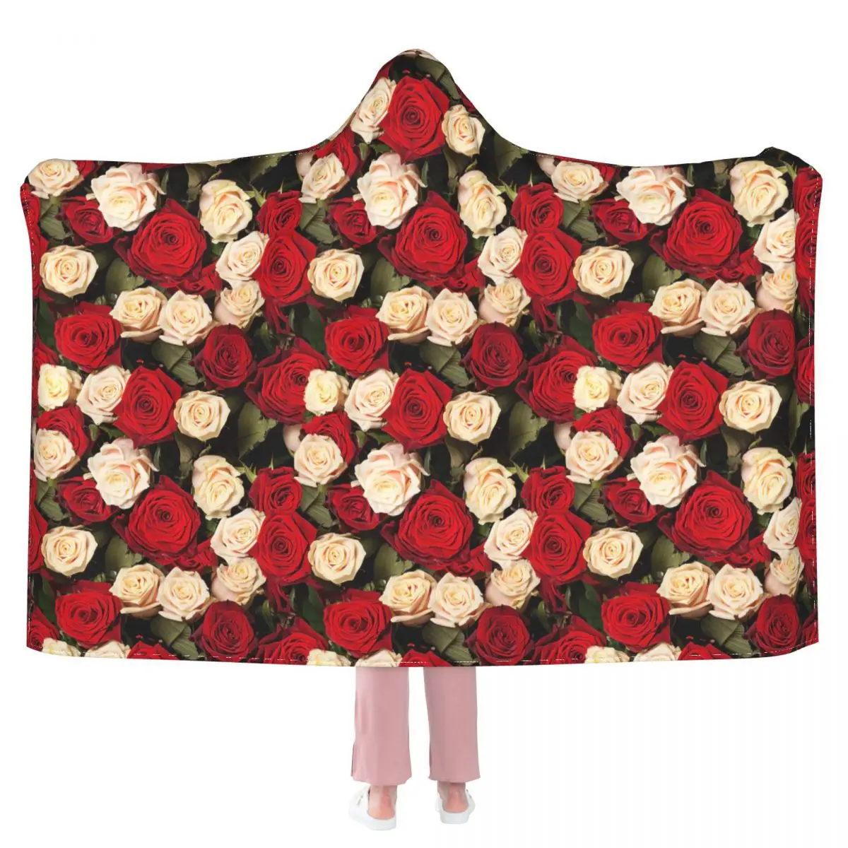 

Бесшовное одеяло с капюшоном с красивыми красными и белыми розами, 3D Полноразмерное одеяло с принтом, для взрослых и детей