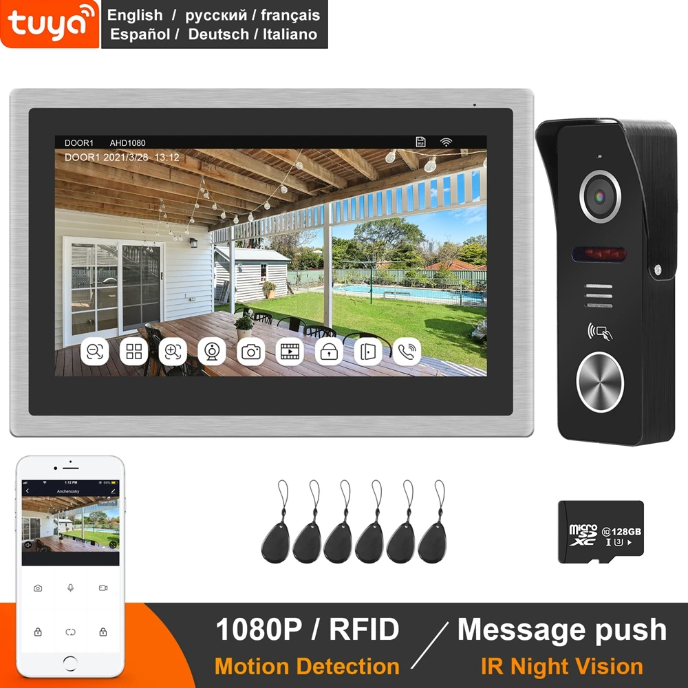 Умный беспроводной видеодомофон TUYA 10 дюймов IP 1080P камера дверного звонка с