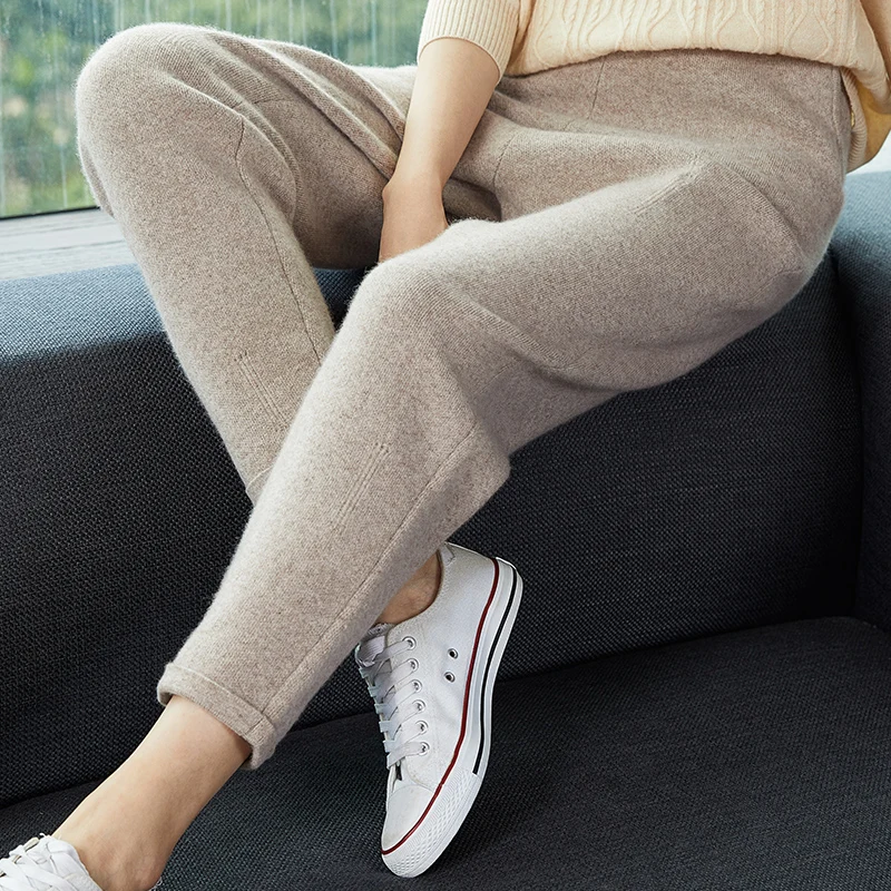 Women Pants 2020 New Autumn and Winter Soft Comfortable High-Waist Knitted 100% Wool Knitted Pants Female Elastic Thicken Pa