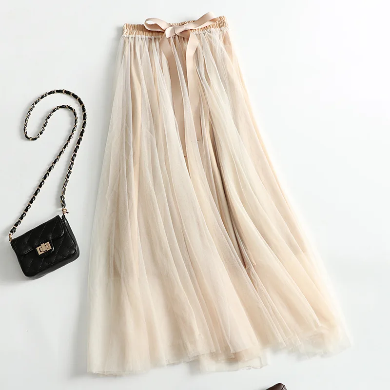 

2020 New arrival skirt beautiful pink black fairy yarn color blocking mesh skirt medium long skirt Fairy Big skirt beige sweet