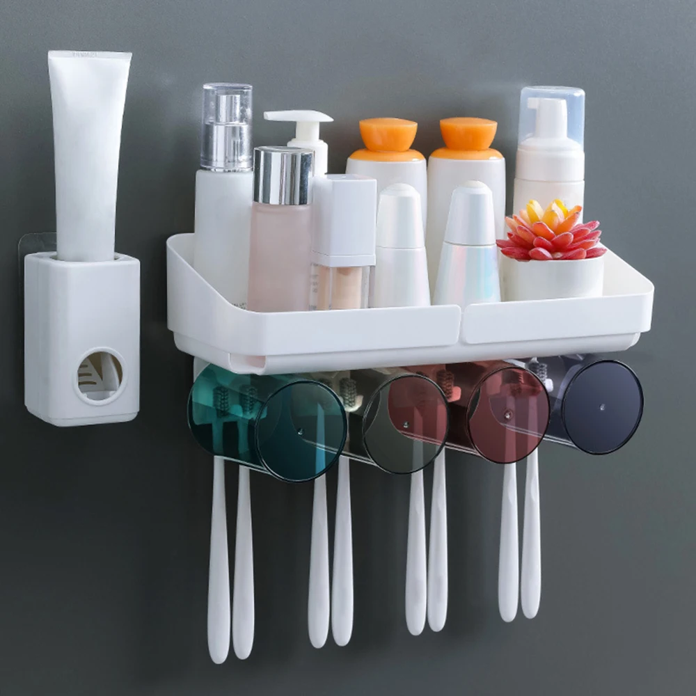 

Полка для зубных щеток, Набор держателей для туалетных принадлежностей, подвесная чашка без перфорации, пластиковая белая полка с крючком д...