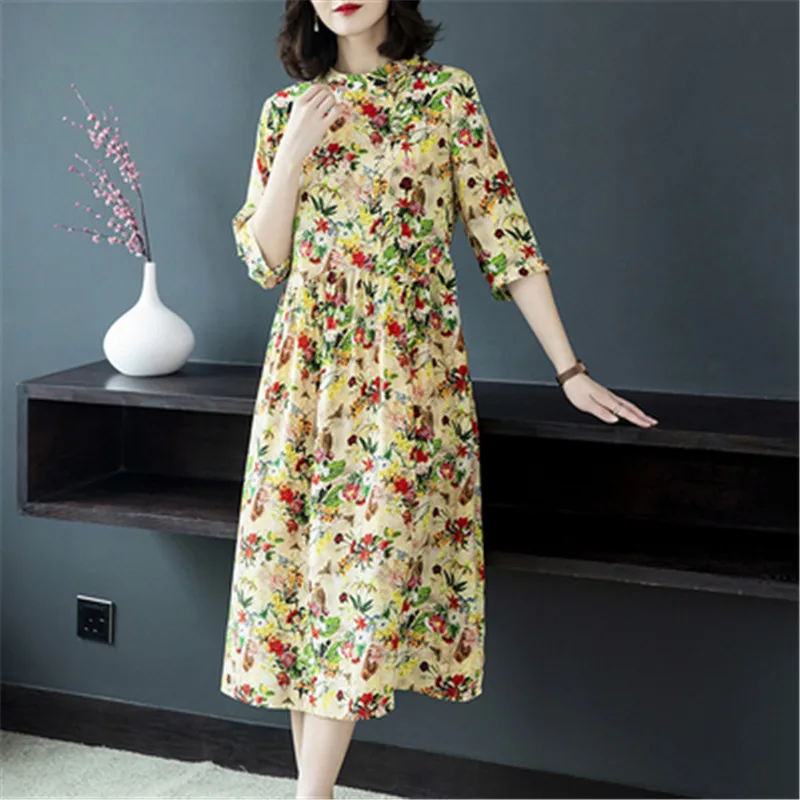 Женское платье в стиле ретро свободное пляжное с цветочным принтом и коротким