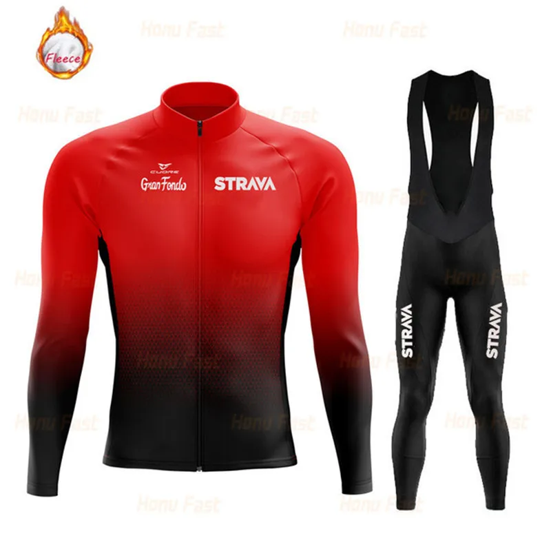 

STRAVA Winter Cycling Jersey Sets Thermal Fleece Road Bike Cycling Men's cycling clothing Jersey Long Sleeve Setcycling Maillot