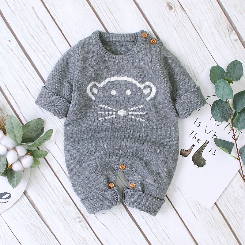

Autumn Infant Baby Girls Long Sleeve Knitted Cartoon Print Rompers Kids Boys Jumpsuit New
