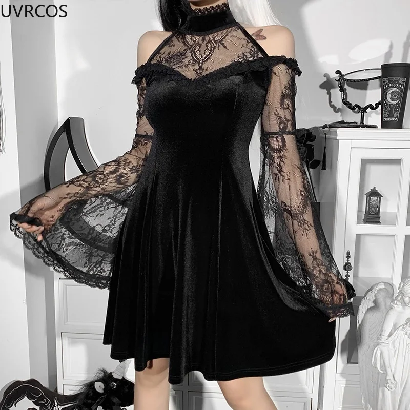 

Gothic Black Ruffle Mini Dress Women Vintage Sexy Off Shoulder Flare Sleeve Velvet A-Line Dresses Female Punk Party Evening Wear