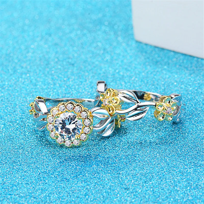 

Luxury Female White Round Crystal Jewelry Charm Gold Silver Color Engagement Ring Set Cute Bride Flower Wedding Rings For Women