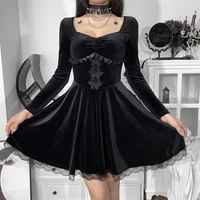 dark gothic dress aesthetic egirl dress lace trim velvet dress long sleeve dress butterfly embroidery lace high waist skirt emo
