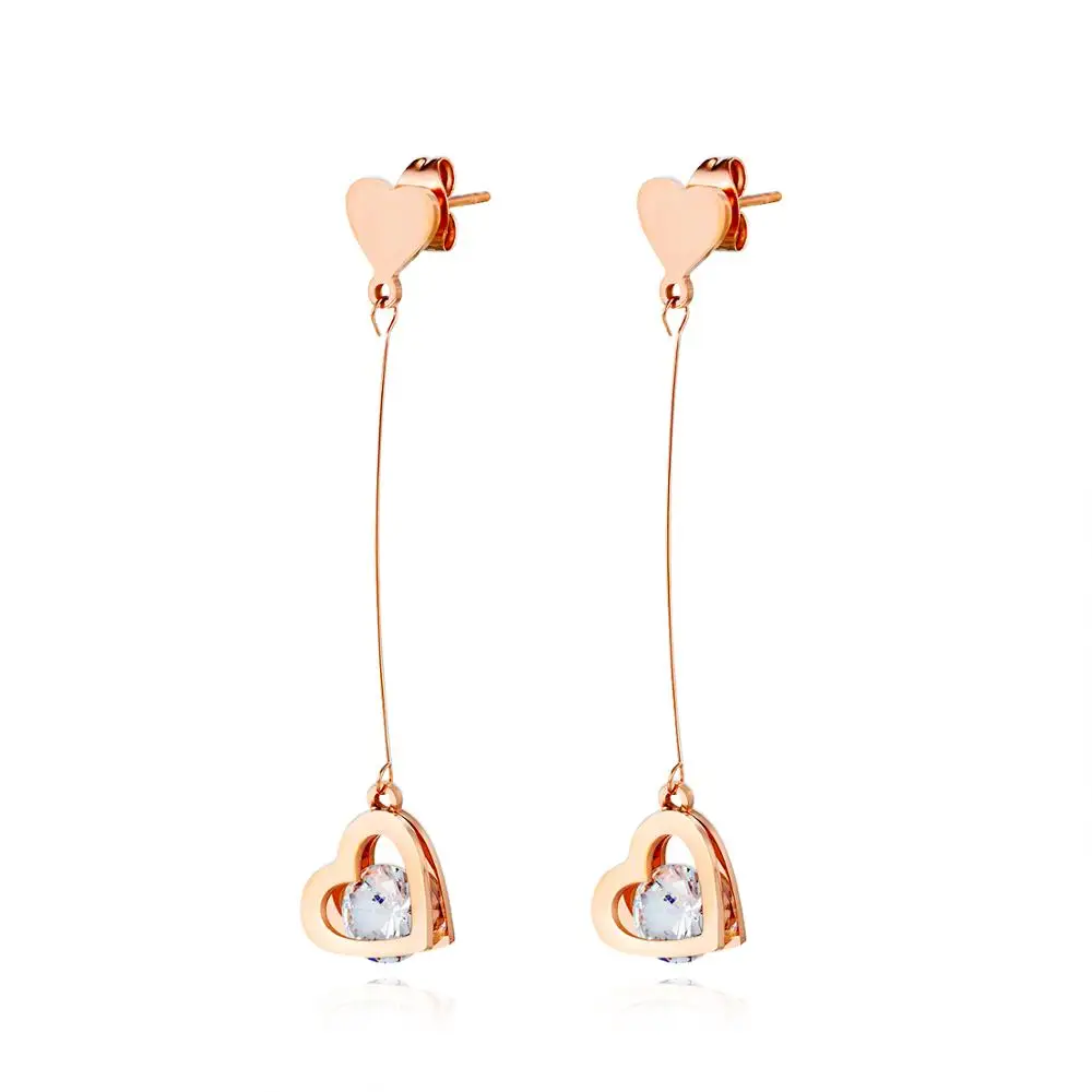

cute rose gold heart studs earrings for women 2020 fashion stainless steel zircon crystal drop tassel jewelry ofertas relampago