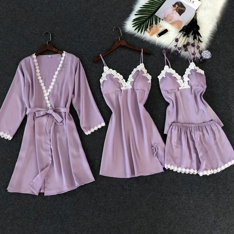 

4 Pieces Sexy Silk Satin Sleepwear Set Floral Robe+Nightdress+Slip Top+Shorts Lace Nightwear Homewear For Women