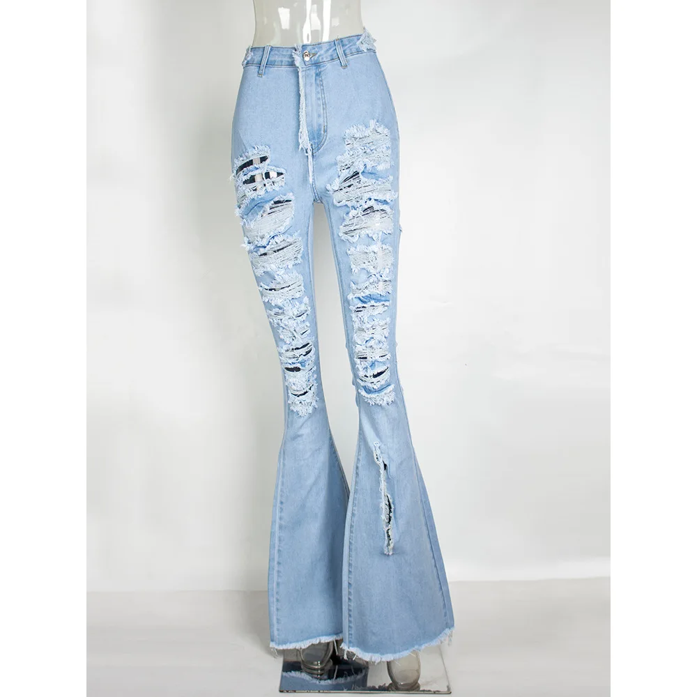 

Cross border exclusive for us women's jeans Amazon high waist hole mop jeans women's flared pants