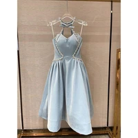 high qulity women heavy industry nail drill halter hanging neck dress spring and summer new elegant waist bow dress
