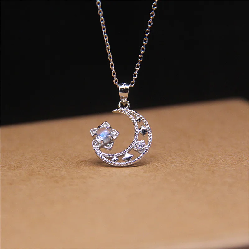 Женская цепочка из серебра 925 пробы с кулоном в виде лунного камня|Подвески| |
