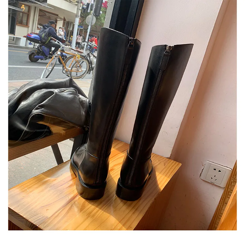 

Knight Boots Black Leather Knee High Boots The New 2021 Bug-Knee Thigh-Length Boots Show A Lean, Thick-Soled Fall Winter High