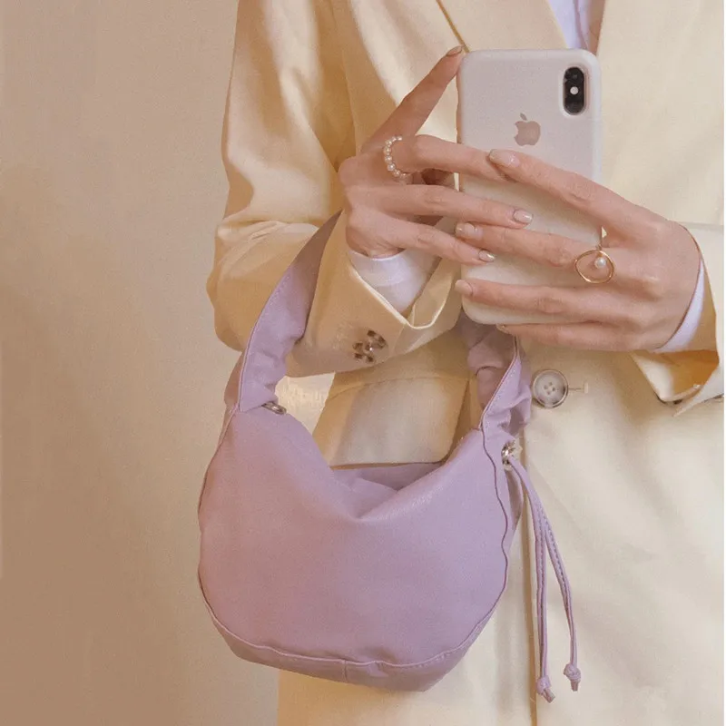 

2020 Luxury Brand Soft Leather Women Bag Purple Designer Handbags Pleated Handle Messenger Shoulder Bags Drawstring Ladies Tote