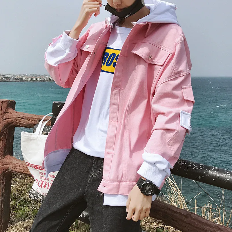 

Men's Jacket Patchwork Hooded Jeans Men Pink Red Loose Denim Jackets Mens Spring Autumn Casual Jean Coats Men's Clothing YT50291
