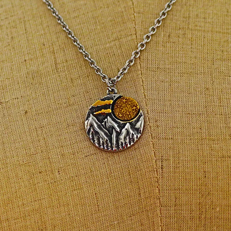 

1pcs stainless steel forest cute Mini Landscape Pendant Necklace Mountains and sun Mixed Metals Nature Camping Hiking Jewelry