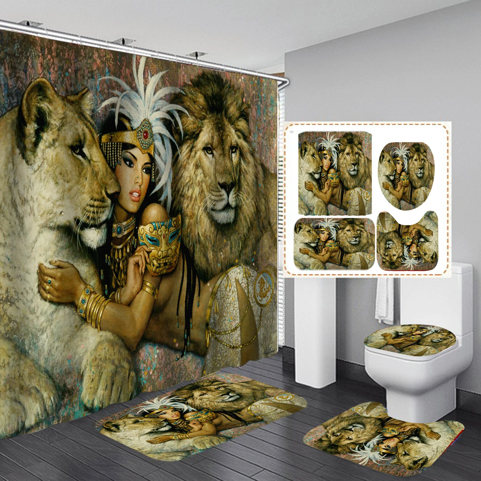 African Queen Lions Cheetahs Printed Waterproof Shower Curtain Anti-skid Bath Rugs Carpet Toilet Lid Cover Mat Bathroom Decor