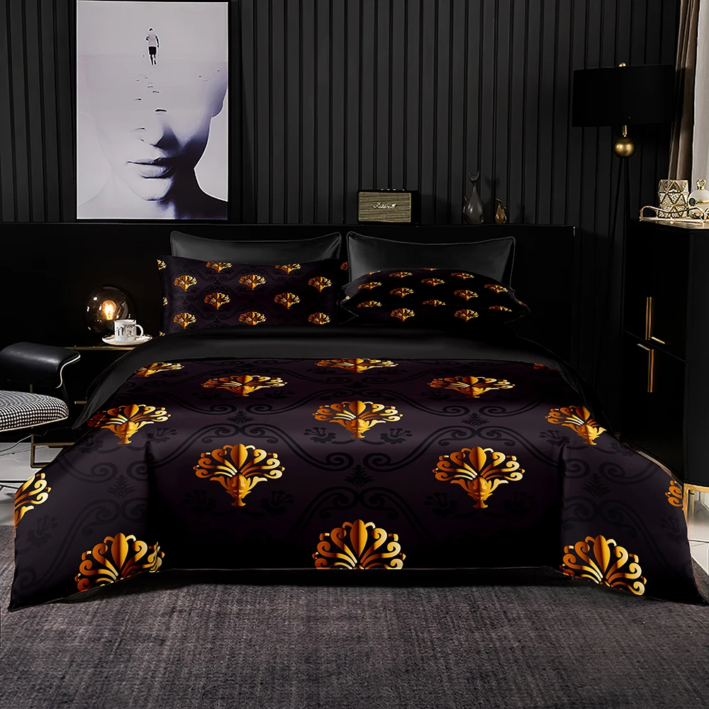 

Royal Duvet Cover Set Euro Black Bedding Set King Queen Size Bedroom with Pillowcase for Home