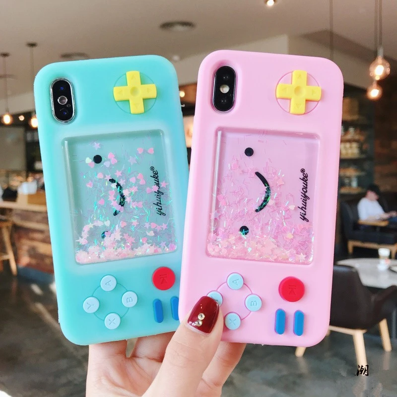 

Pink 3D Cute Smiley Game Machine Dynamic Liquid Quicksand Silicone Soft Cover for Iphone 11Pro MAX XS XR 7 8 Plus X Phone Cases