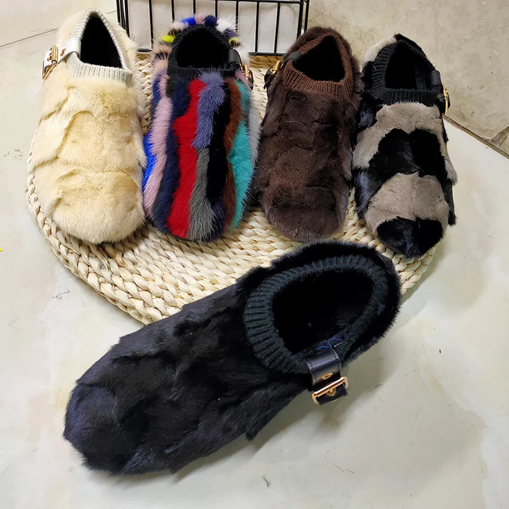 

OLOMLB Womens Round Toe Real Mink Fur Furry Rainbow Colors Loafers Flats Warm Winter Shoes Snow Buckle Fashion 2020