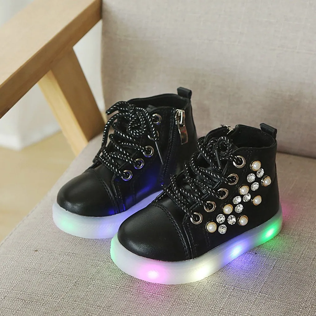 Child Casual Shoes Baby Girls Pearl Crystal Led Light Luminous Run Sport Boots Spring Autumn Winter Fashion Princess C840# | Детская