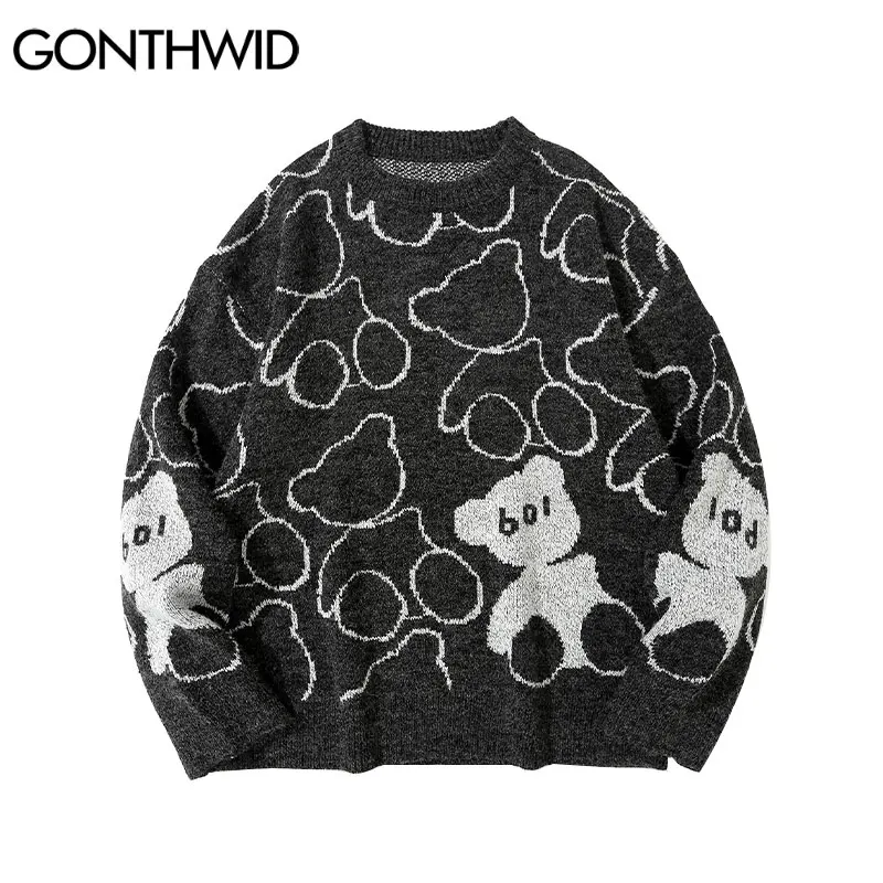 

Свитер GONTHWID Мужской трикотажный, уличная одежда в стиле Харадзюку, СВОБОДНЫЙ Модный джемпер с мультяшным медведем в стиле хип-хоп, повседне...