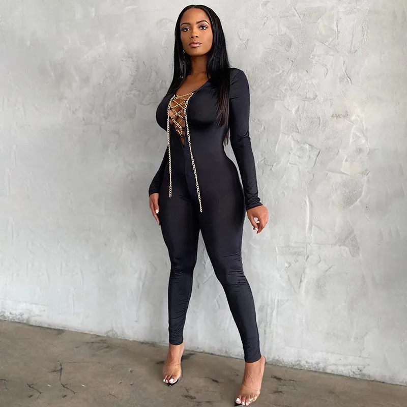 Autumn Women High Street Sexy V Neck Jumpsuit Hollow Out Lace Up Chain Long Sleeve Bodycon Slim Club Romper Playsuit Streetwear