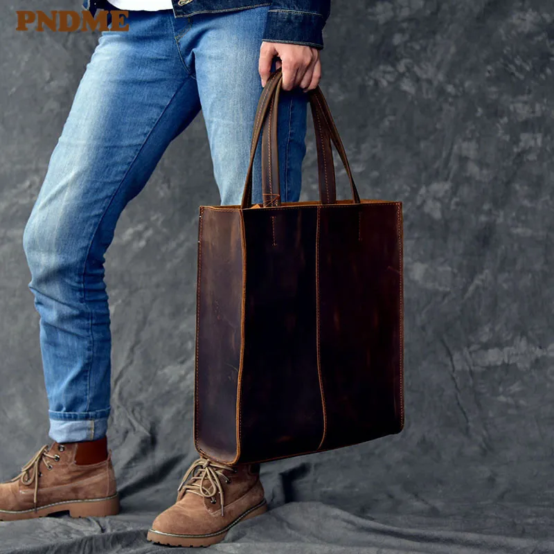 Simple vintage genuine leather men's tote bag casual natural real crazy horse cowhide women's handbag work shopping shoulder bag