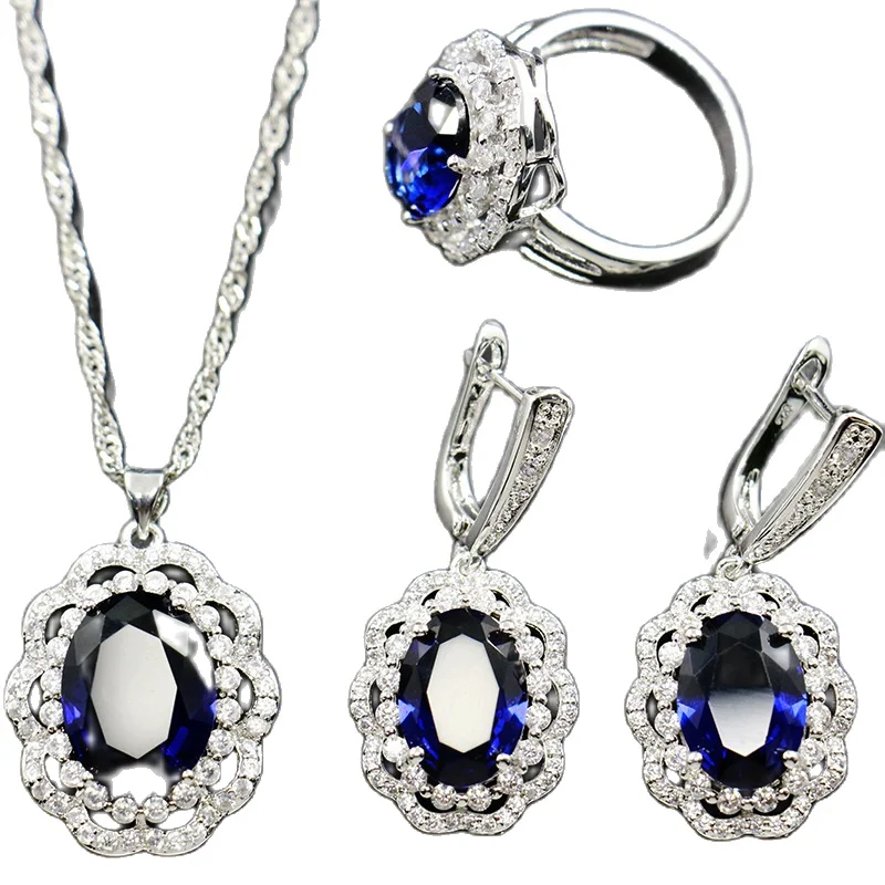 

Lotus Leaf Ring Bridal Necklace Earring Ring Ring Three Piece Set Zircon European and American Bridal Jewelry Set