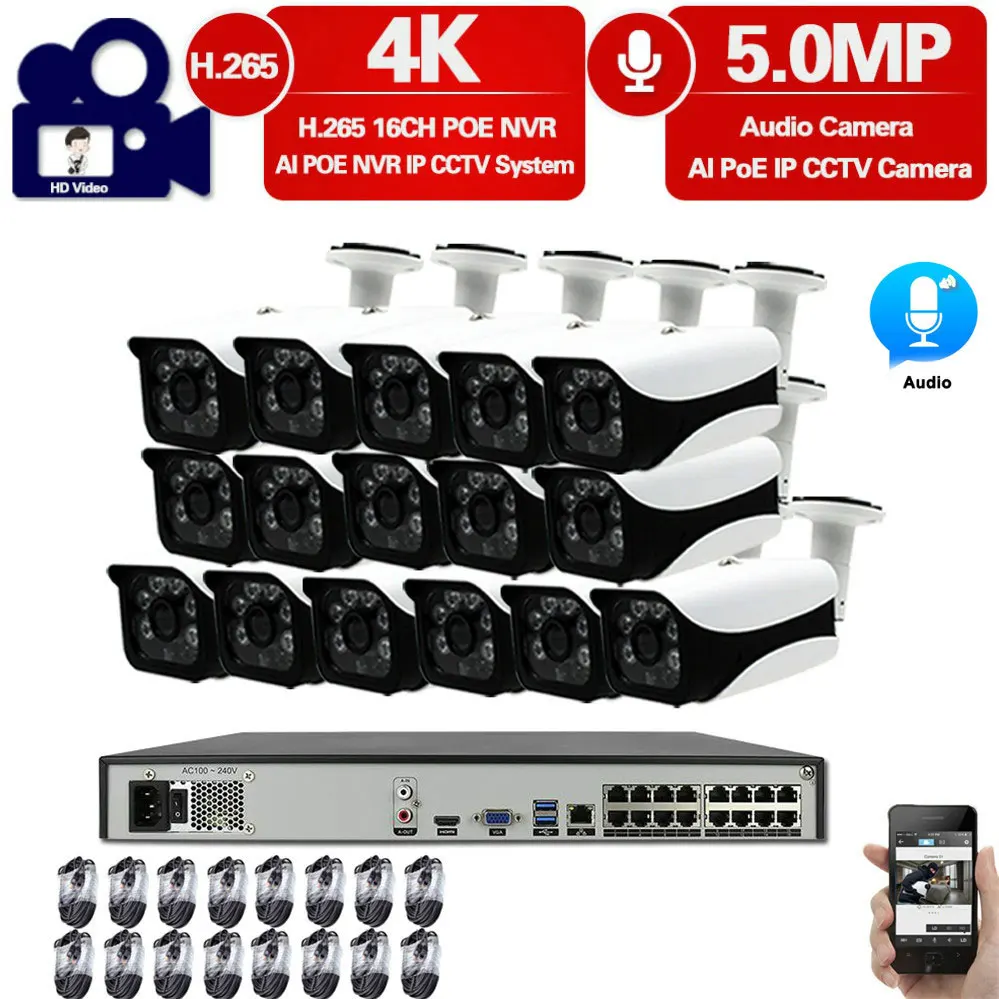 

H.265+ 16CH 4K 5MP CCTV System Kit 5MP Super HD Outdoor Audio Record Security IP Cameras POE NVR Video Surveillance System Set