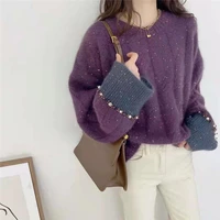 spliced sweater womens round neck shiny pullover women winter sweater clothes loose beaded tops purple sweater dropshipping