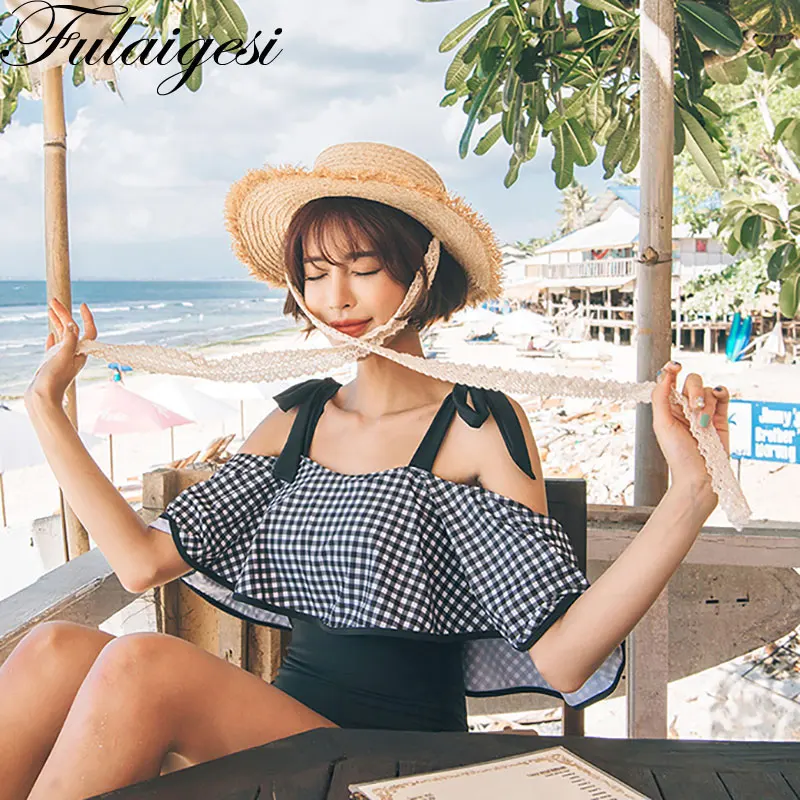 Купальный костюм в клетку с рисунком листьев лотоса бикини для девочек корейские