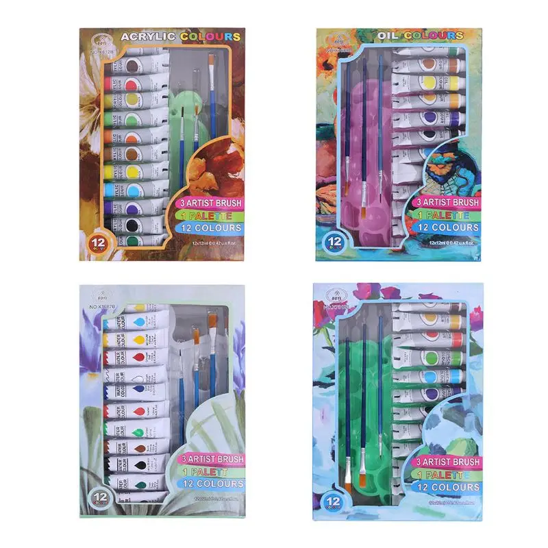 

12ml 12 Colors Professional Acrylic Paints Brush Palette Set Hand Painted Drawing Painting Pigment Artist DIY
