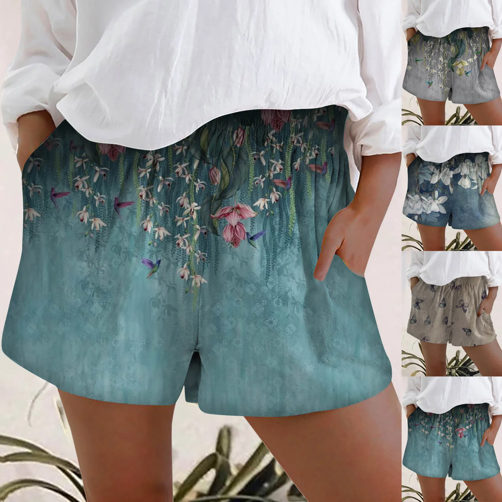 

Summer Women Casual High Waist Short Pants Ladies Pocket Cotton Linen Loose Shorts Vintage Flowers Print Shorts New Велосипедки