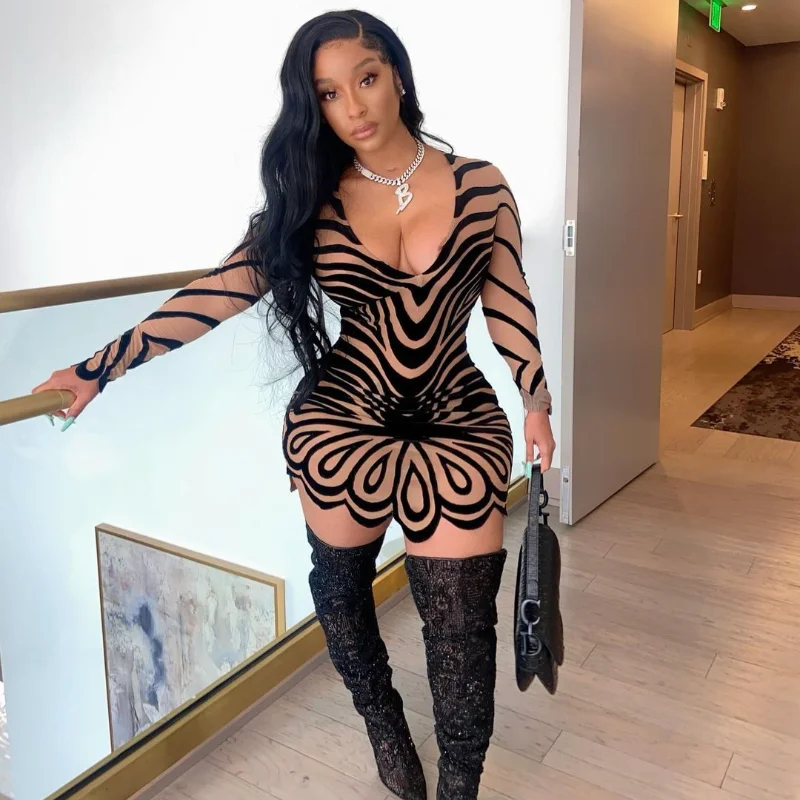 

Сексуальный Геометрический принт, onрессорный принт, длинная мышь, облегающее мини-платье для женщин, одежда для весны 2021, осенняя элегантна...