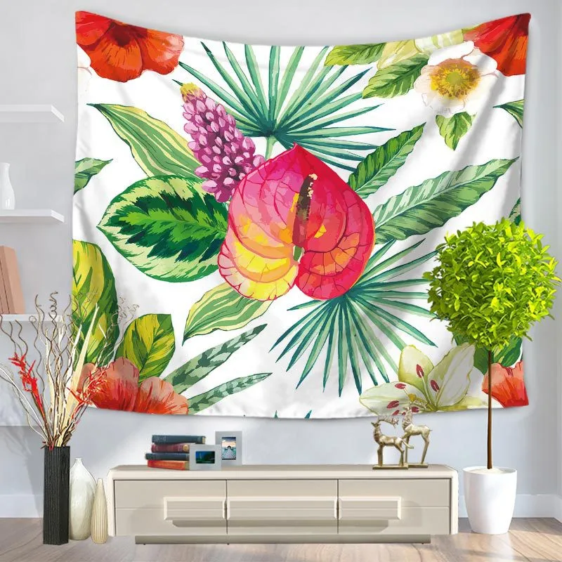 Гобелен настенный тропические цветы зеленый гобелен с изображением листьев