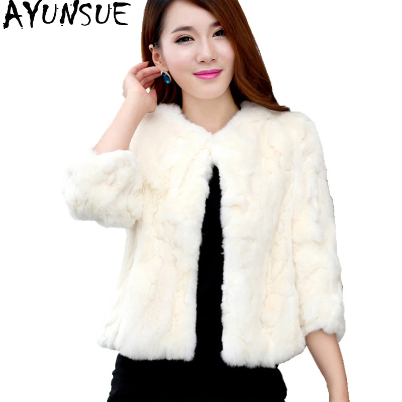 AYUNSUE 2020 Women Genuine Rabbit Fur Coats Solid Female O-Neck Natural Rex Rabbit Fur Jacket Short Winter Real Fur Coat 15C315